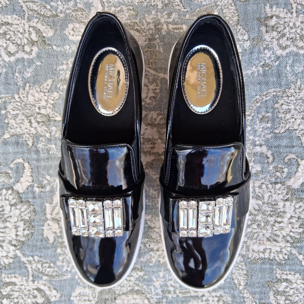 🏵 MICHAEL Michael Kors Black Patent Leather Slip On Sneakers with Crystals Sz.6 - Picture 4 of 14